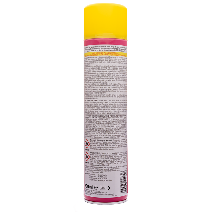 Johnson's 4fleas Household Spray Extra Guard 600ml, back of can with directions and active ingredients