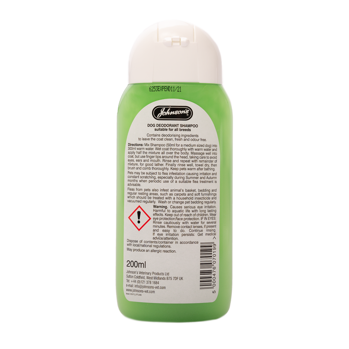 Johnson's Dog Deodorant Shampoo 200ml back label with directions and warnings