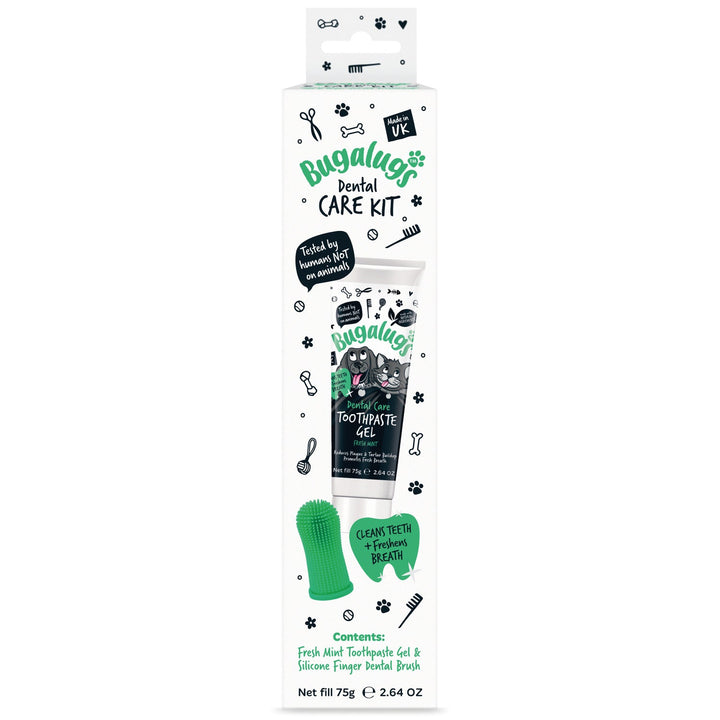 Bugalugs Dental Care Kit box: Fresh Mint Toothpaste Gel 75g and silicone finger brush