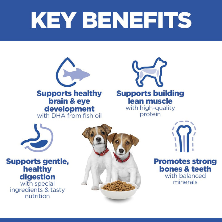 Hill's Science Plan Small & Mini Puppy key benefits: brain and eye development, lean muscle, gentle digestion, strong bones and teeth