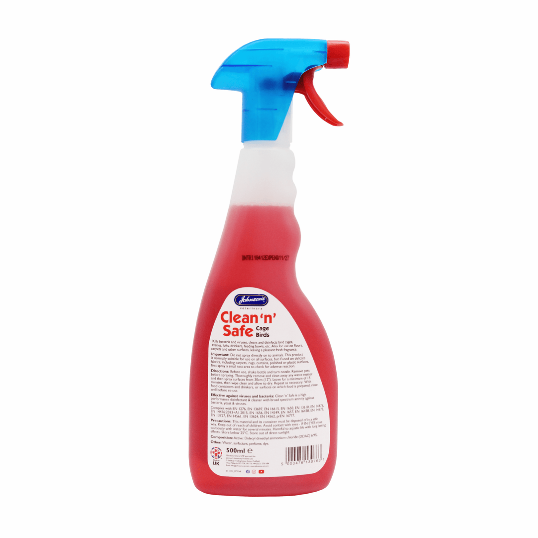 Johnson's Clean 'n' Safe bird cage disinfectant 500ml, back label with directions