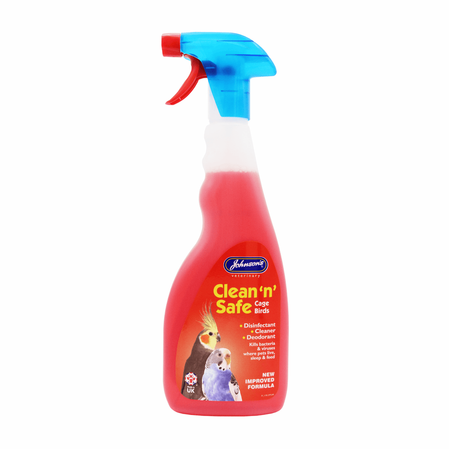 Johnson's Clean 'n' Safe Disinfectant for Cage Birds 500ml trigger spray, front of bottle