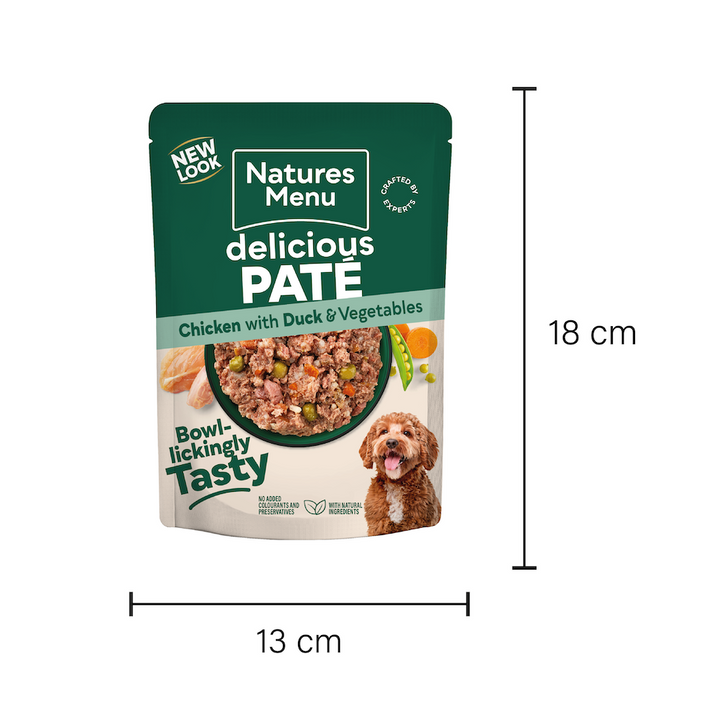 Natures Menu Chicken with Duck 300g pouch dimensions, 13cm wide by 18cm high