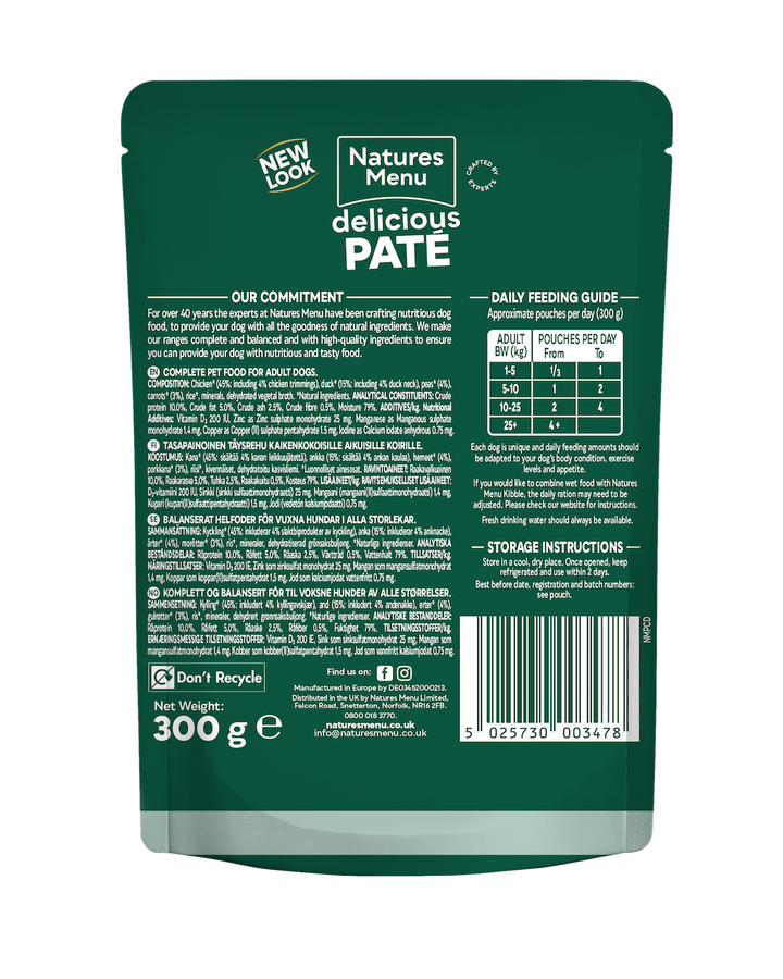 Natures Menu Chicken with Duck 300g pouch, back of pack with composition and daily feeding guide