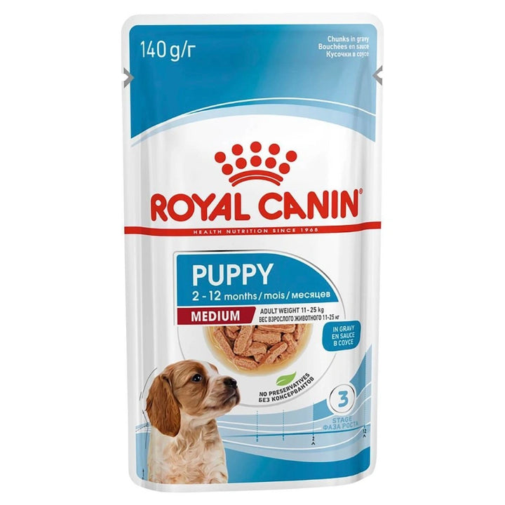 Medium-breed puppy eating high-energy kibble — immune & digestive support formula.