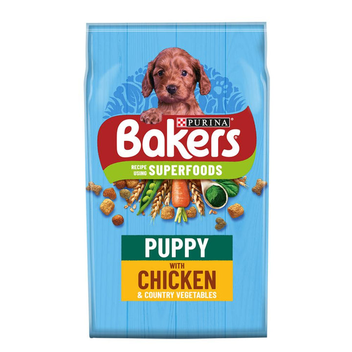 Purina Bakers Puppy with Chicken and Country Vegetables dry dog food bag, front of pack