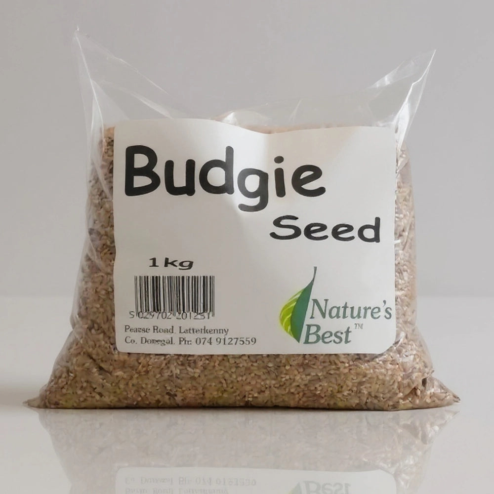 Bag of Budgie Seed with 'Nature's Best' label on a white background