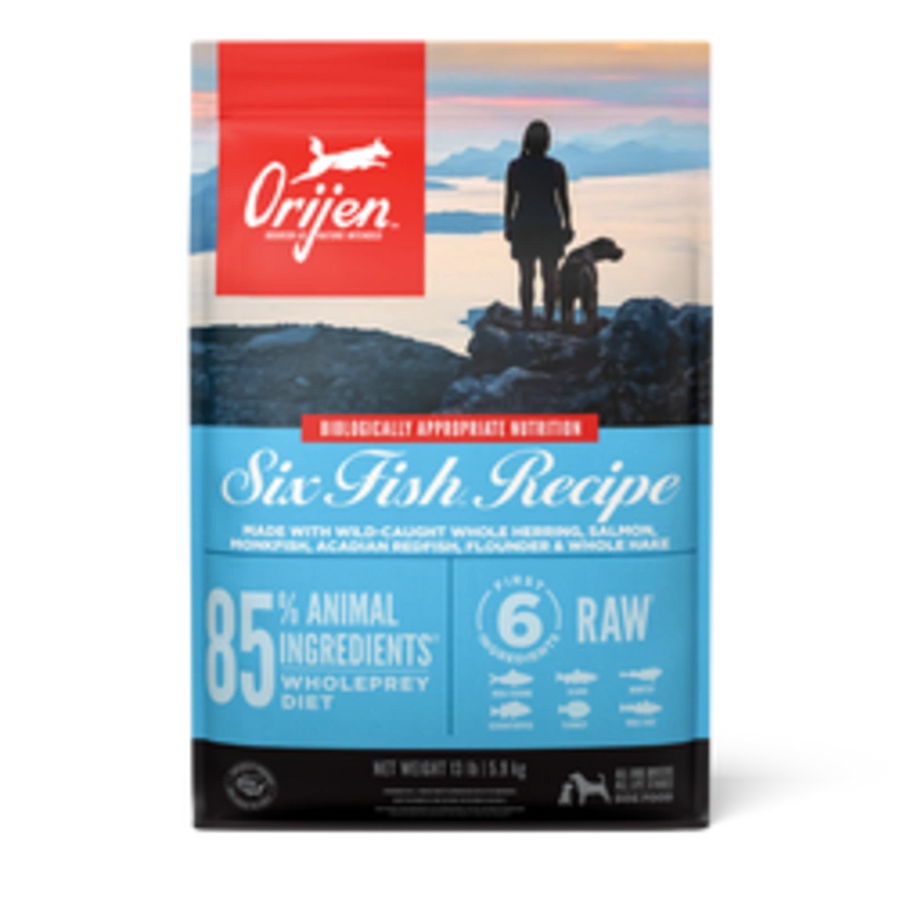 Bag of Orijen Six Fish Dog Food featuring premium wild-caught fish ingredients, suitable for all dog breeds and life stages.