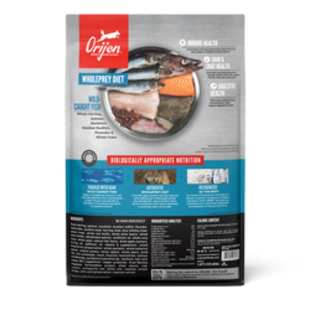 Bag of Orijen Six Fish Dog Food featuring premium wild-caught fish ingredients, suitable for all dog breeds and life stages.
