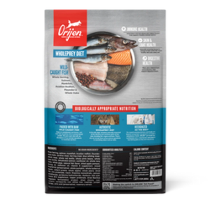 Bag of Orijen Six Fish Dog Food featuring premium wild-caught fish ingredients, suitable for all dog breeds and life stages.