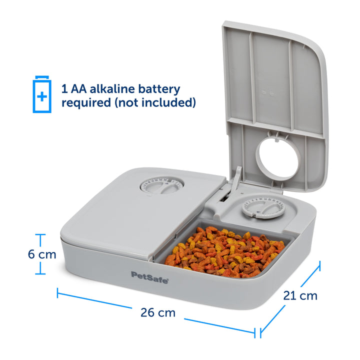 PetSafe 2 Meal Pet Feeder dimensions: 26cm x 21cm x 6cm, uses 1 AA alkaline battery