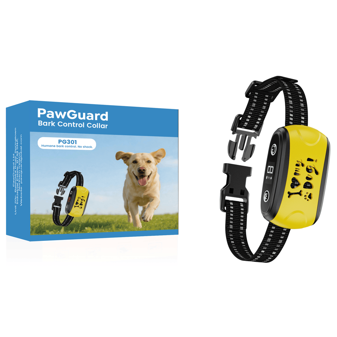 PawGuard Stop Bark Collar with retail box, yellow shell and reflective nylon strap