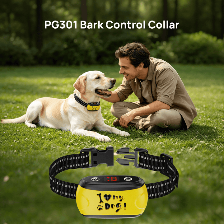 PawGuard Stop Bark Collar lifestyle image with owner and Labrador