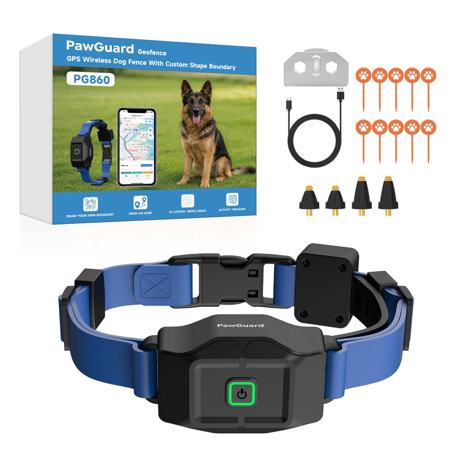 PawGuard PG860 GPS dog fence with app, blue collar strap