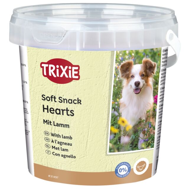 Trixie Soft Snack Hearts with Lamb 500g tub, current pack design
