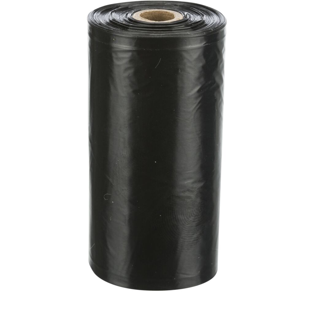 Roll of black Trixie dog dirt bags standing upright showing the core