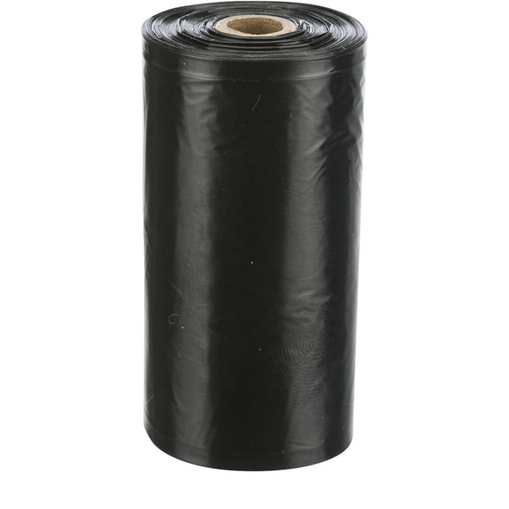 Roll of black Trixie dog dirt bags standing upright showing the core