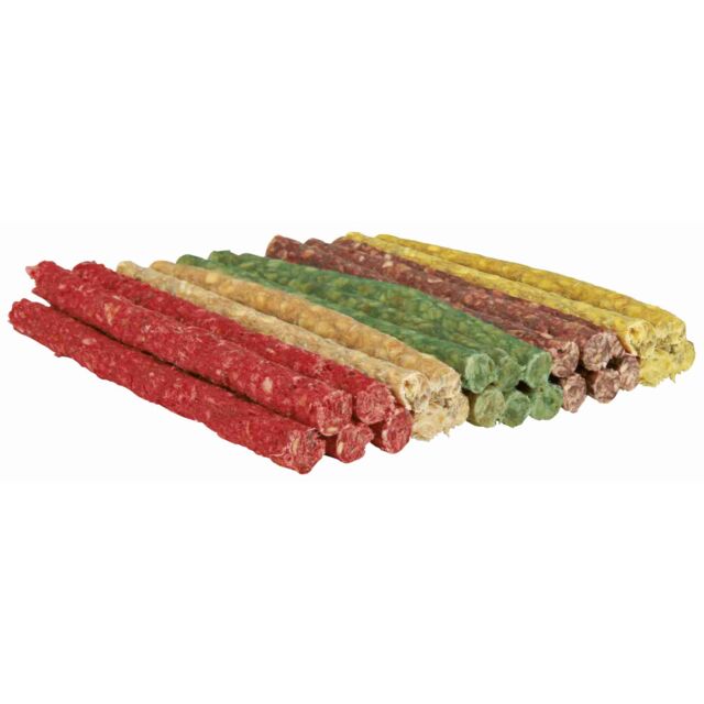 Trixie rawhide chewing rolls 12cm in mixed colours, red, natural, green, brown and yellow
