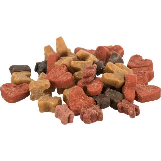 Trixie Happy Mix soft dog treats, close up of the mixed chicken, lamb and salmon pieces