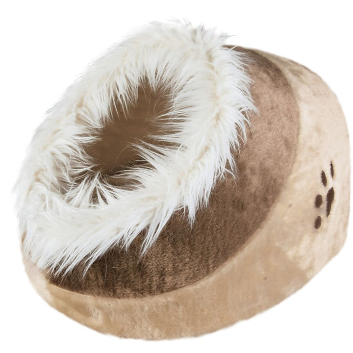 Trixie Minou Cat Cave in beige and brown, side view showing paw print and fluffy trim