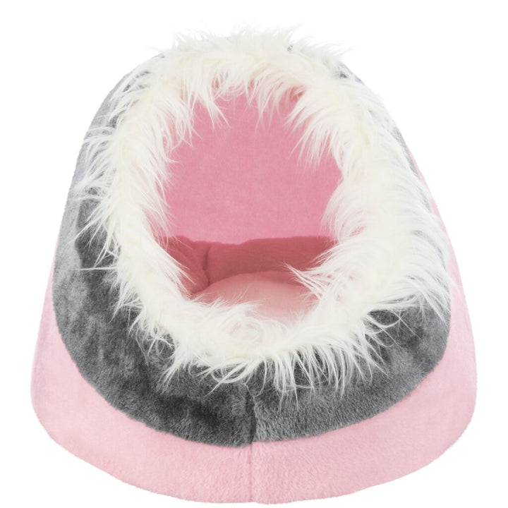 Trixie Minou Cat Cave in pink and grey, front view of the entrance and cushion