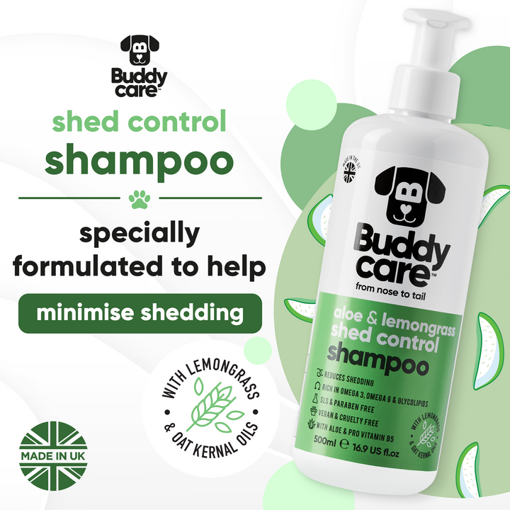 Buddycare Shed Control Shampoo specially formulated to help minimise shedding, with lemongrass and oat kernel oils, made in UK