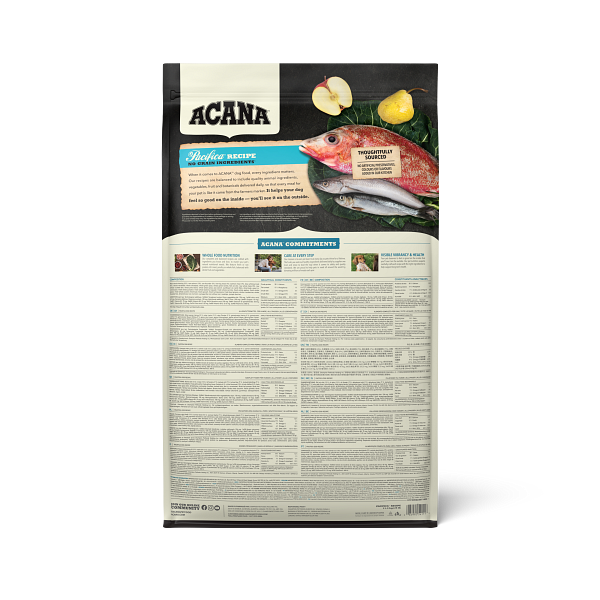 ACANA Highest Protein Pacifica Dog Food, back of bag with ingredients and nutrition information