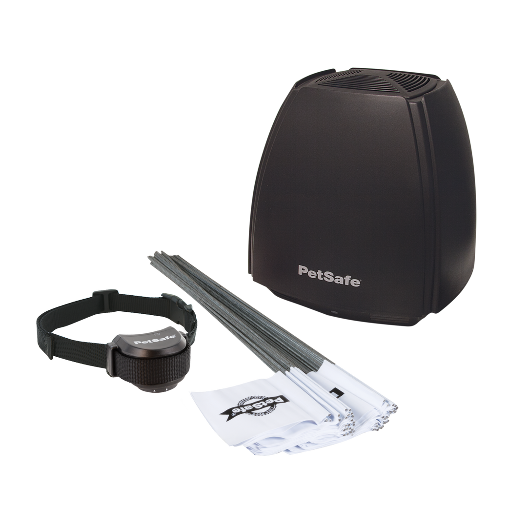 PetSafe Stay & Play Wireless Fence transmitter, replaceable battery receiver collar and boundary flags