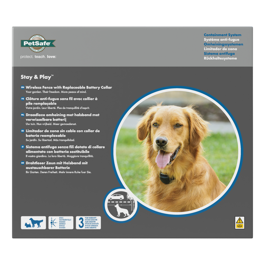 PetSafe Stay & Play Wireless Fence with Replaceable Battery Collar retail box, front