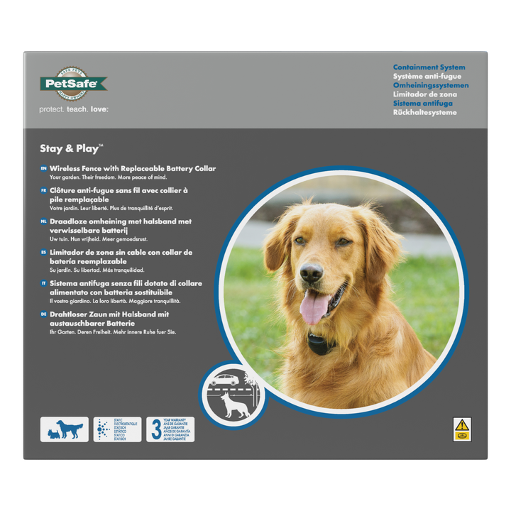 PetSafe Stay & Play Wireless Fence with Replaceable Battery Collar retail box, front