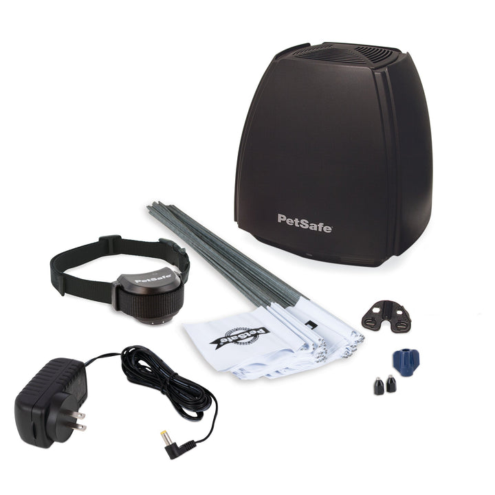 PetSafe Stay & Play Wireless Fence components: transmitter, collar, flags, power adaptor, mounting bracket and contact points