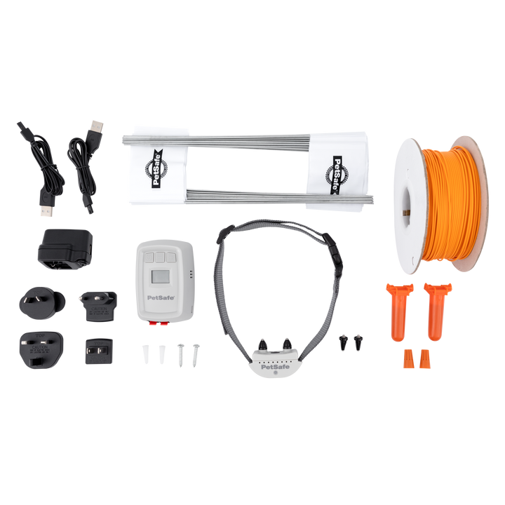 PetSafe Classic In-Ground Fence full components: transmitter, plug adaptors, charging cables, collar, wire, flags, capsules and connectors