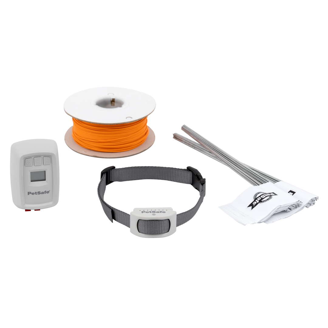 PetSafe Classic In-Ground Fence kit: LCD transmitter, orange boundary wire, grey receiver collar and training flags