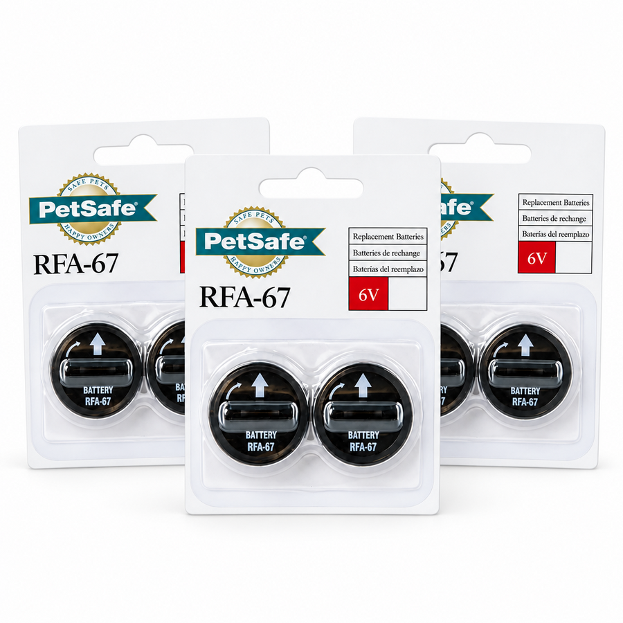 Three packages of PetSafe RFA-67 6V replacement batteries shown side by side on a white background.