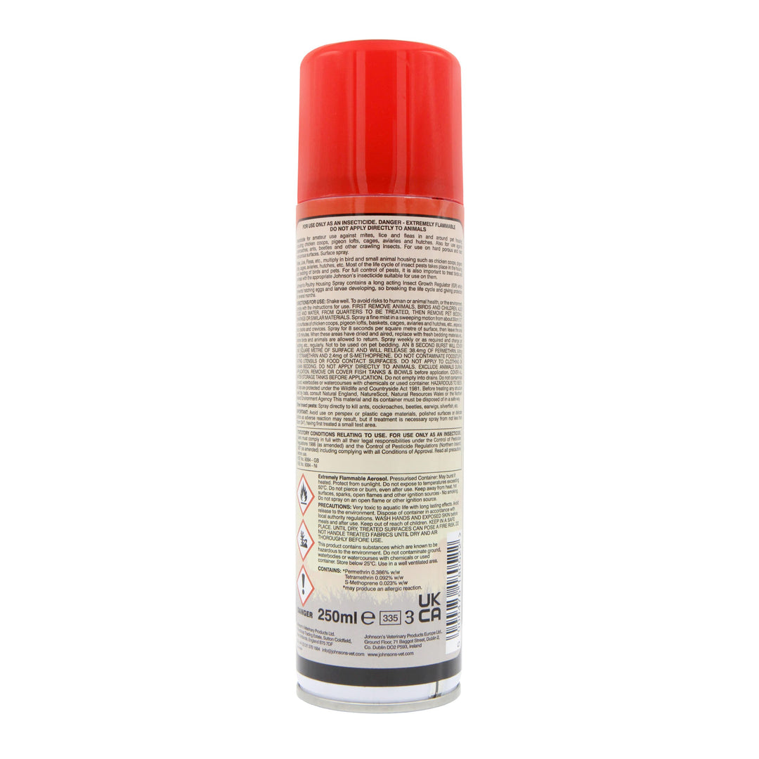 Johnson's Poultry Housing Spray 250ml, back of can showing directions for use, precautions and active ingredients