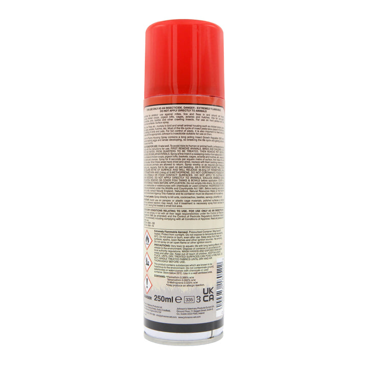 Johnson's Poultry Housing Spray 250ml, back of can showing directions for use, precautions and active ingredients