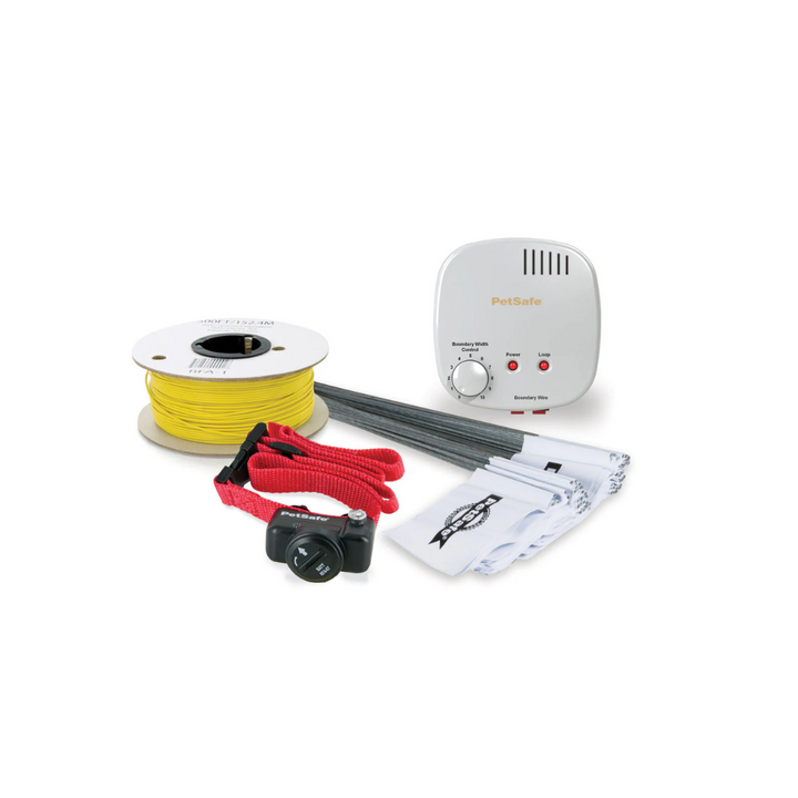 PetSafe Basic In-Ground Fence kit: transmitter, yellow boundary wire, red receiver collar and training flags