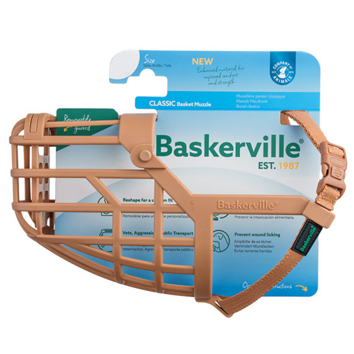 Baskerville Classic Basket Muzzle in tan TPR with retail card