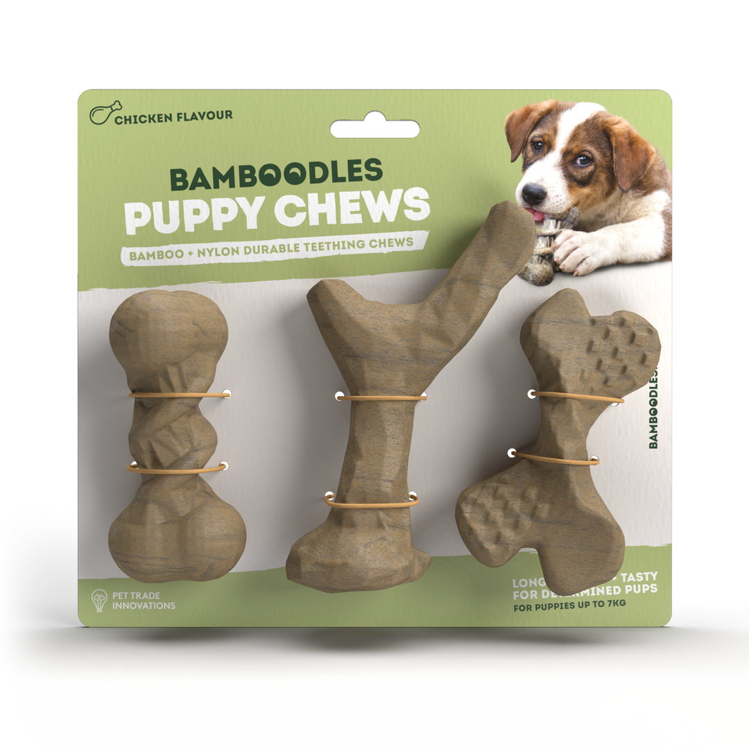 Bamboodles Puppy Chews 3 pack with I bone, Y bone and X bone in retail pack