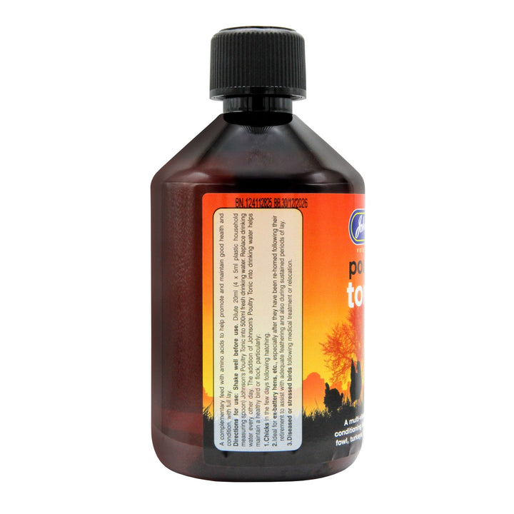 Johnson's Poultry Tonic 500ml label: directions for use, dilute 20ml in 500ml drinking water