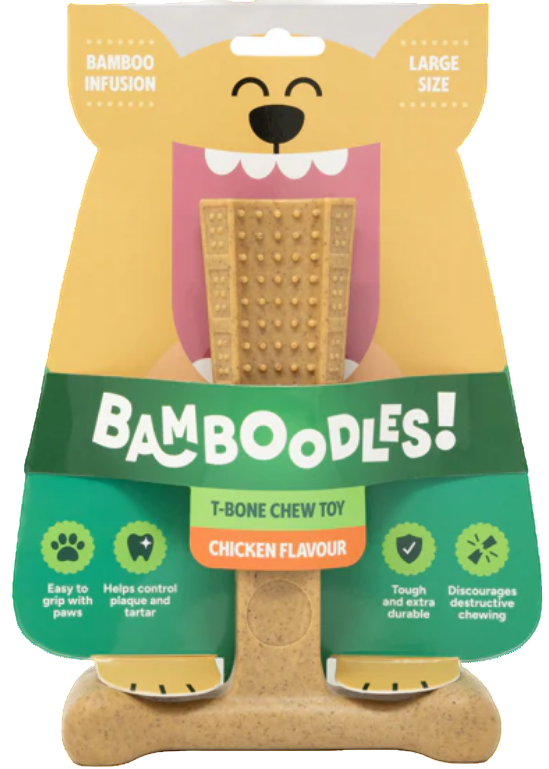 Bamboodles T-Bone chew toy, chicken flavour, large size, current pack design
