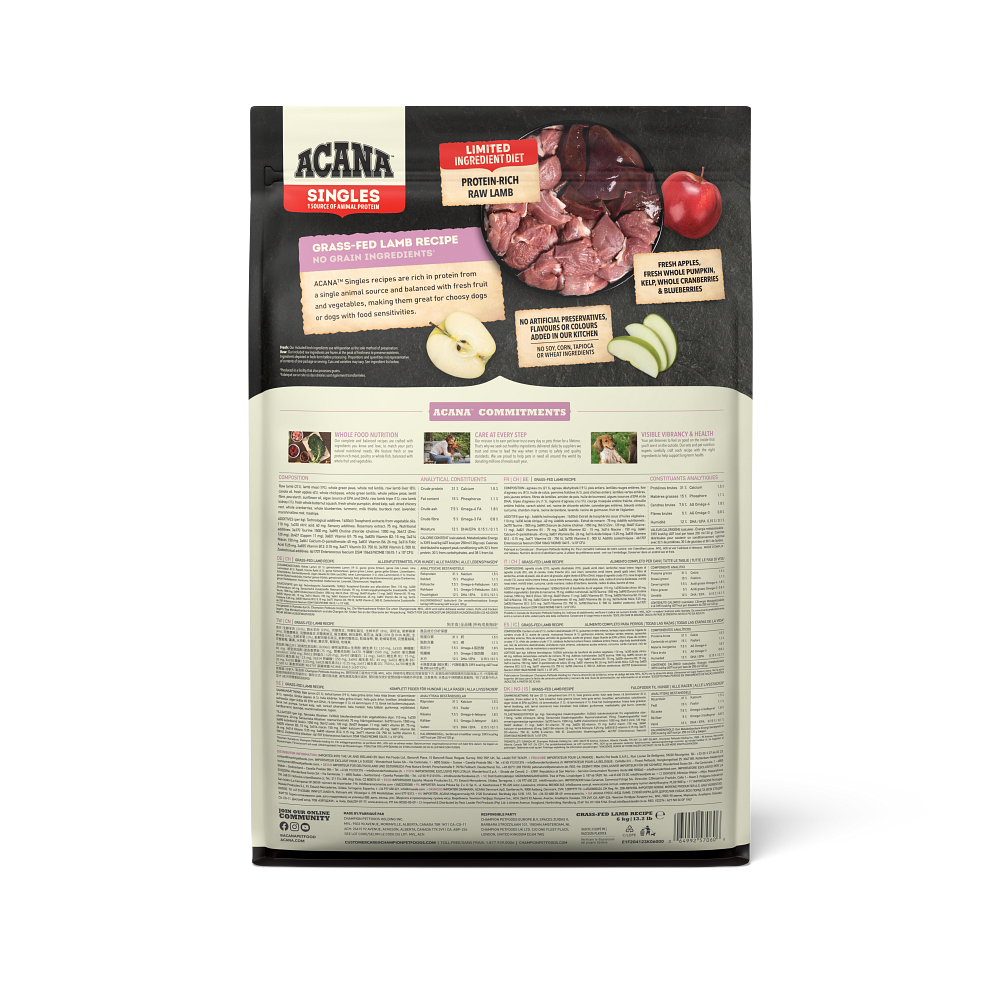 ACANA Singles Grass Fed Lamb Recipe bag, back of pack with ingredients and feeding information