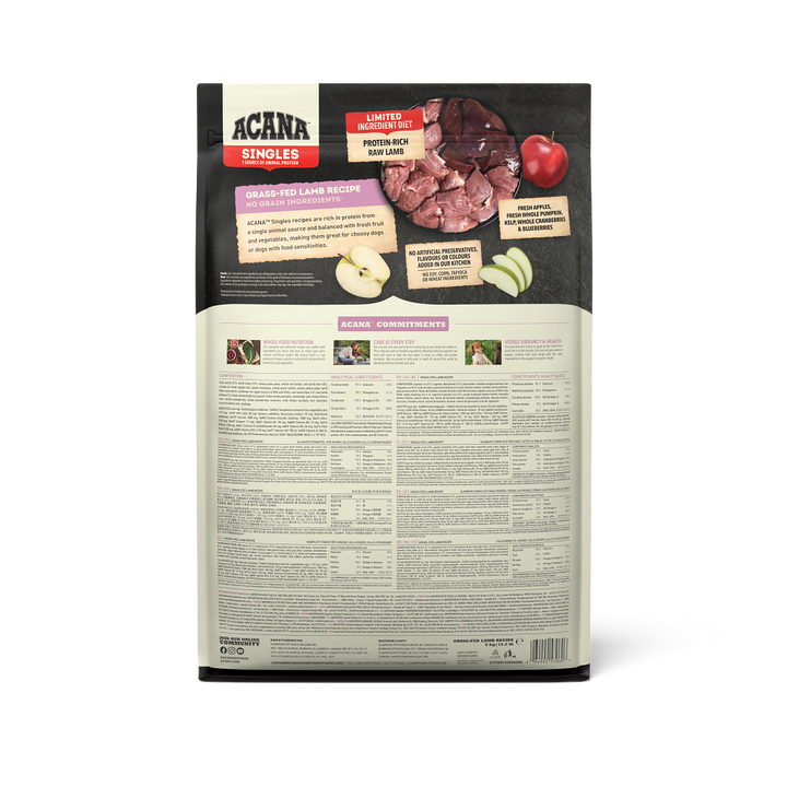 ACANA Singles Grass Fed Lamb Recipe bag, back of pack with ingredients and feeding information