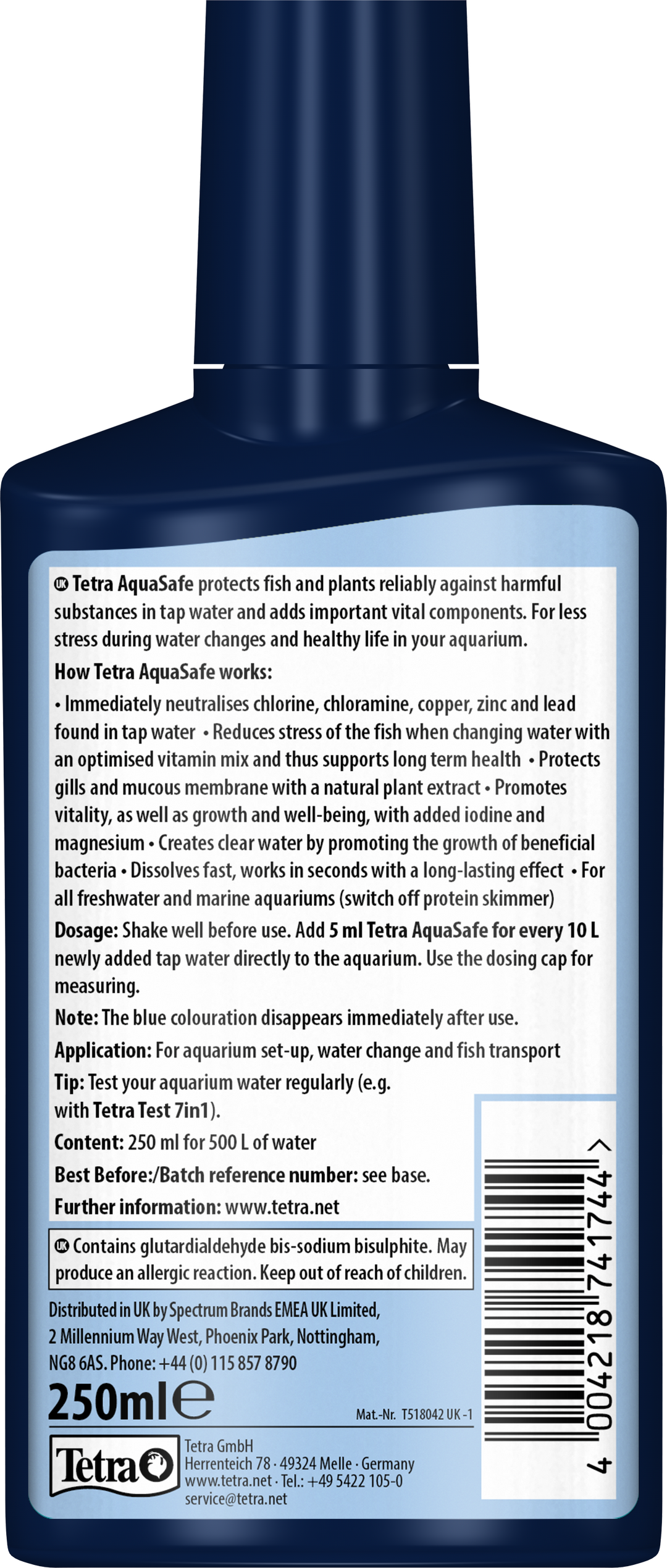 Tetra AquaSafe Water Conditioner 250ml bottle, back label with directions