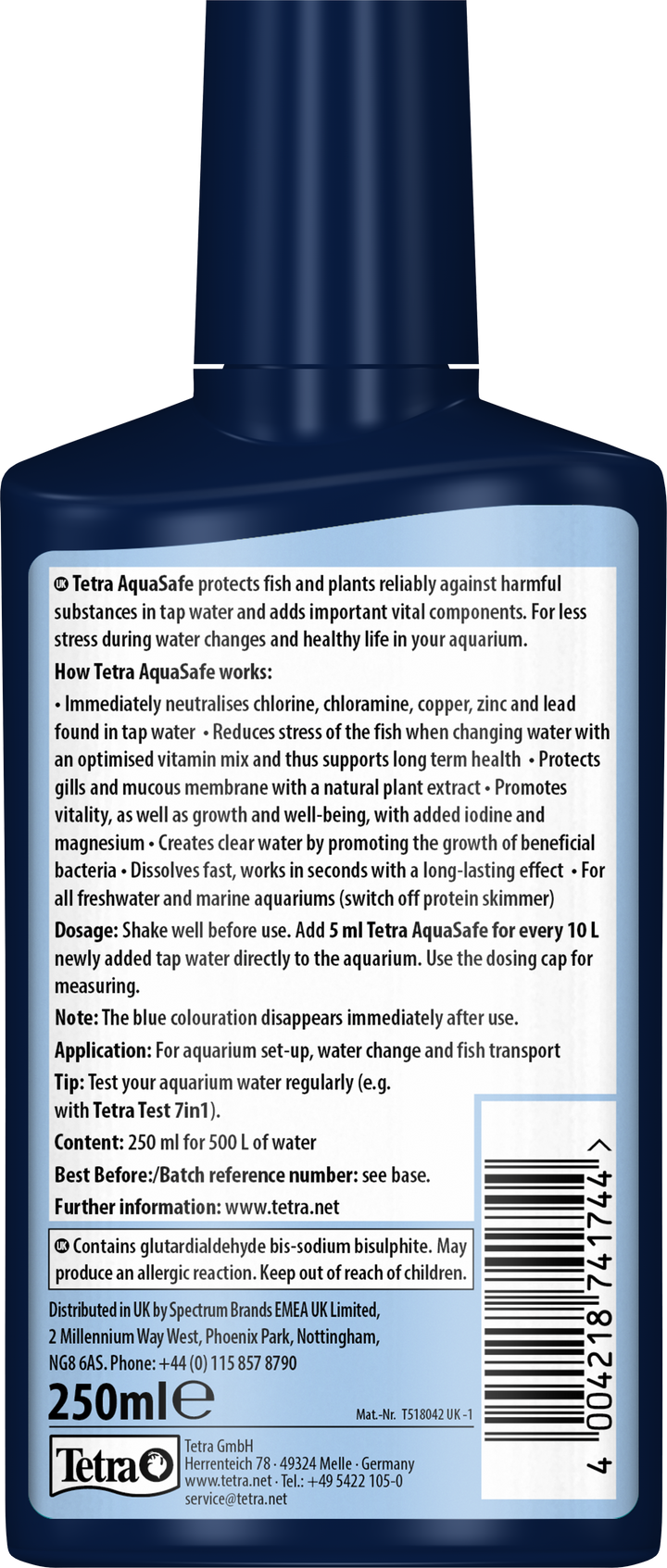 Tetra AquaSafe Water Conditioner 250ml bottle, back label with directions