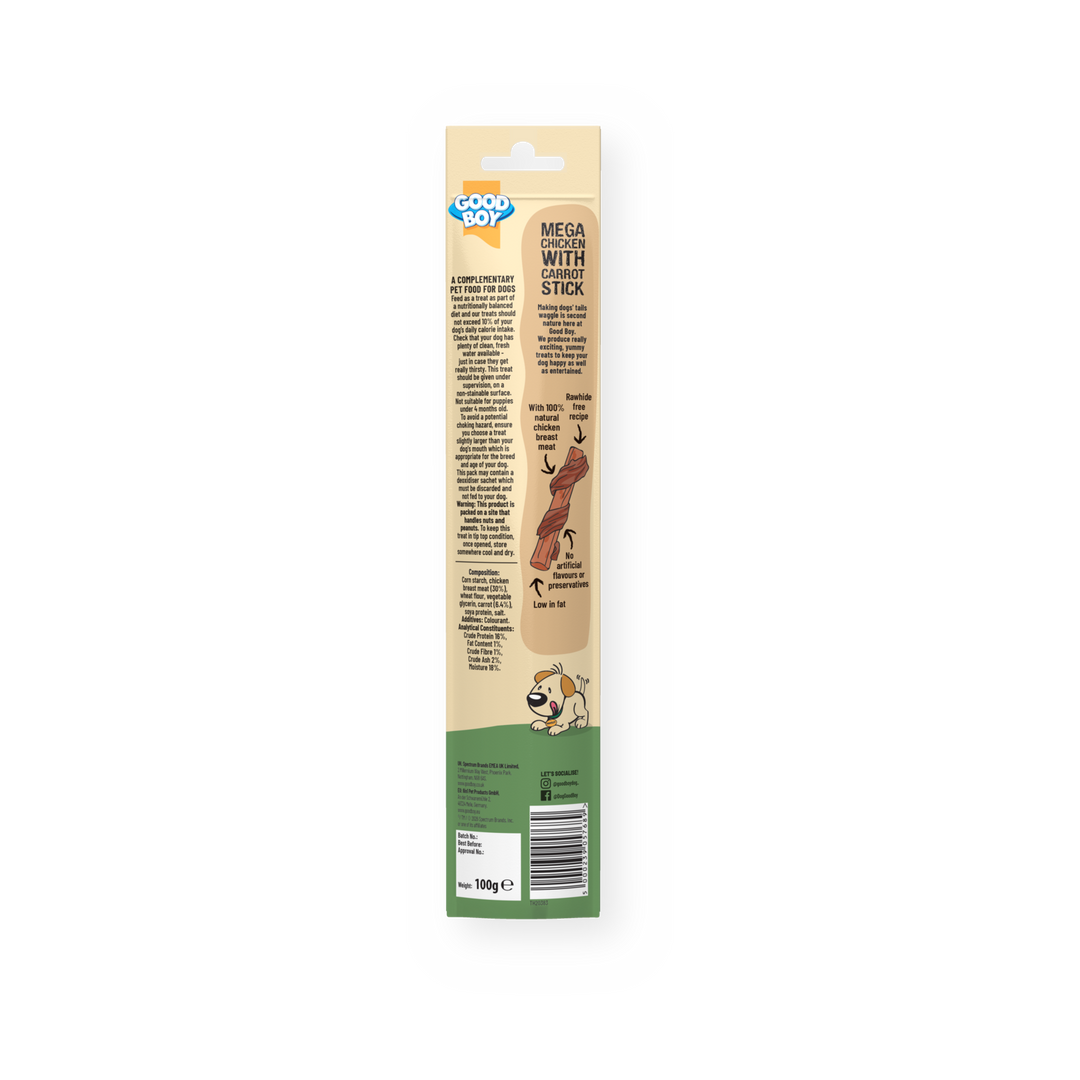 Good Boy Mega Chicken with Carrot Stick 100g, back of pack with ingredients and feeding guide