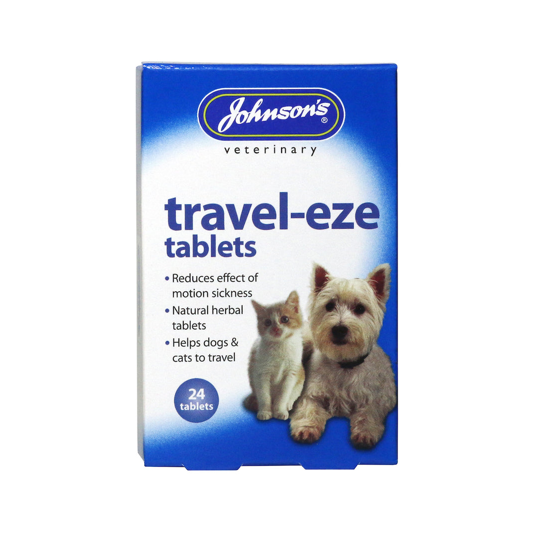 Johnson's Travel-eze travel sickness tablets for dogs and cats, 24 tablets, front of box