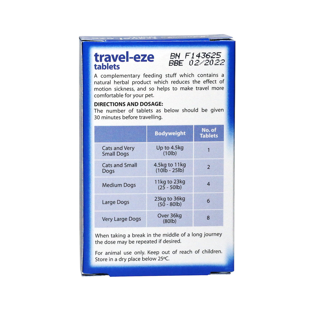 Johnson's Travel-eze tablets back of box with directions and dosage table by bodyweight