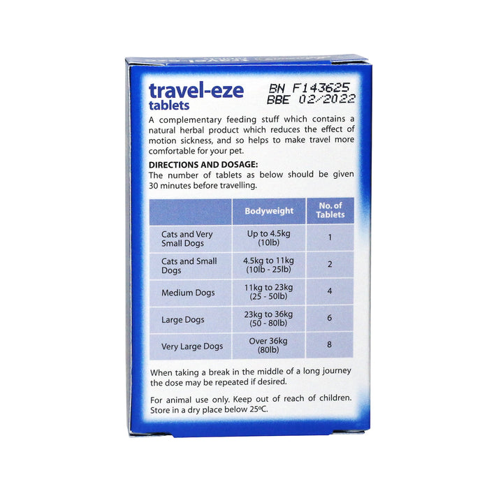 Johnson's Travel-eze tablets back of box with directions and dosage table by bodyweight