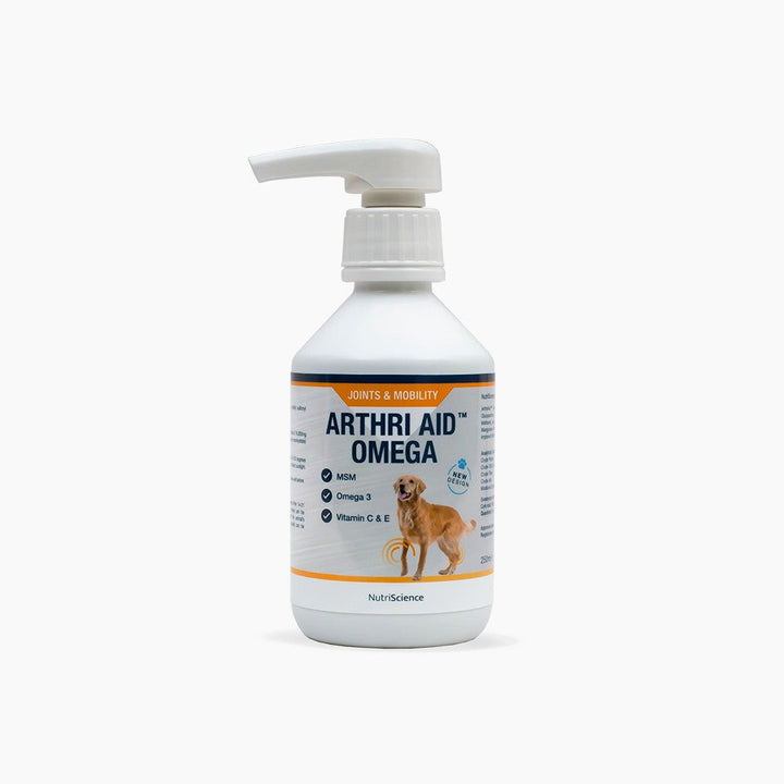 NutriScience Arthri Aid Omega liquid joint supplement for dogs, new packaging bottle with pump dispenser